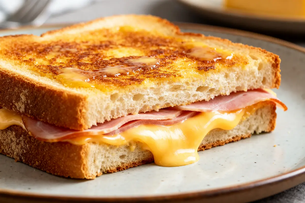 Croque monsieur au Airfryer avec fromage fondu et jambon sur assiette grise