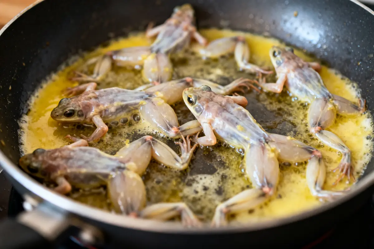 Cuisiner des cuisses de grenouille fraîches dans une poêle avec du beurre fondu