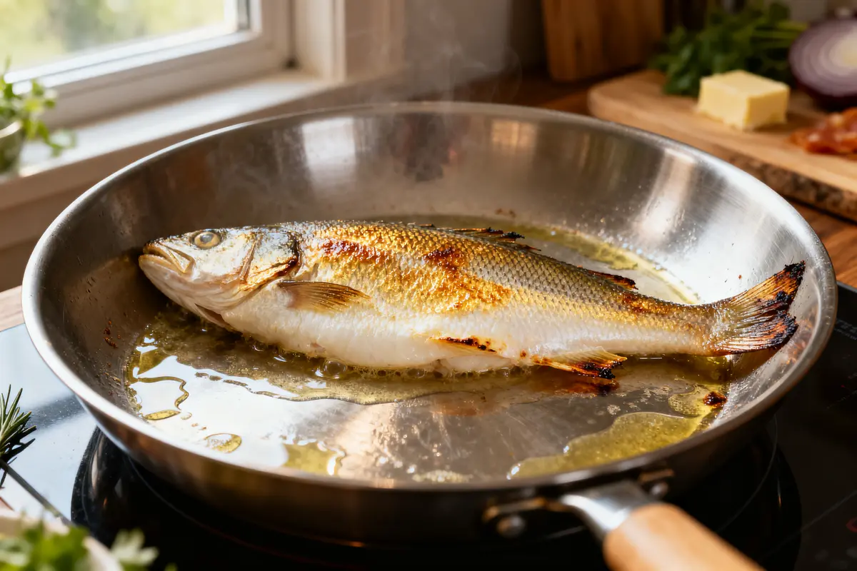 Poisson doré dans une poêle illustrant la cuisson de la sole à la poêle