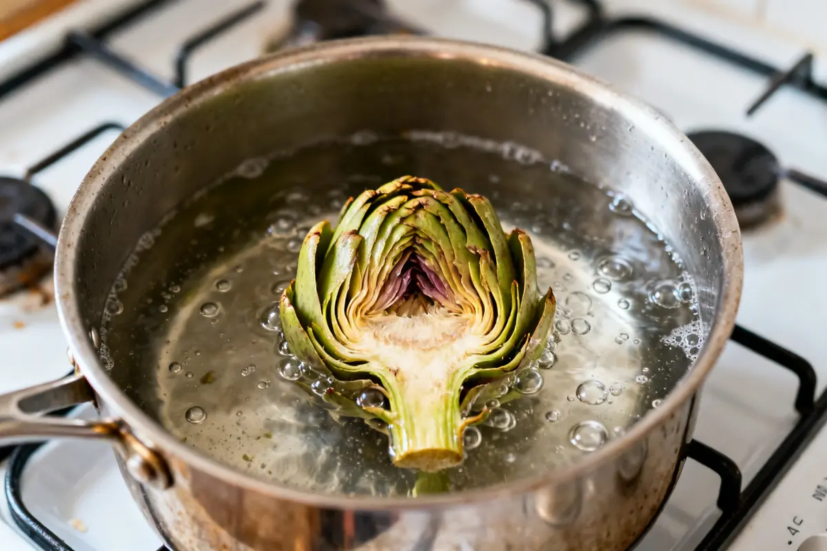 Artichaut coupé en deux en cours de cuisson de l'artichaut dans une casserole d'eau.
