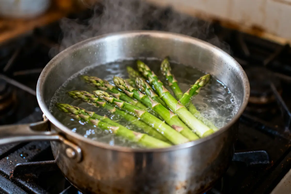 Asperges vertes en cuisson dans une casserole d'eau bouillante sur la cuisinière