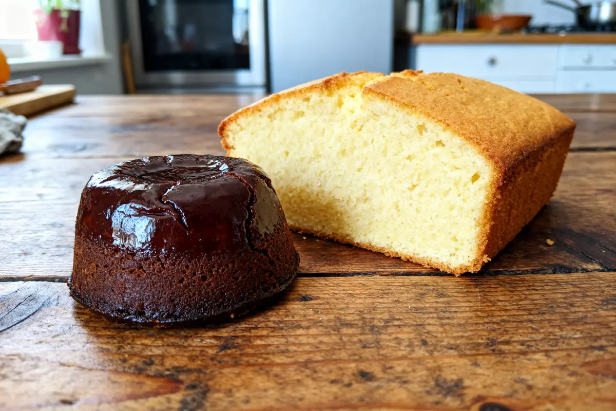 Gâteau fondant chocolat voisin d'un cake moelleux pour illustrer la différence entre moelleux et fondant