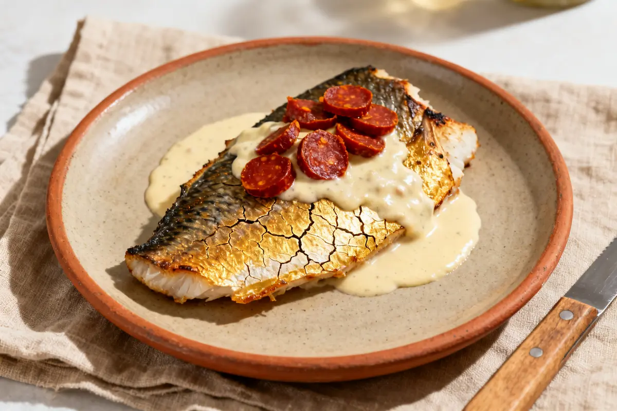 Dos de cabillaud au chorizo et crème fraîche au four sur assiette en céramique
