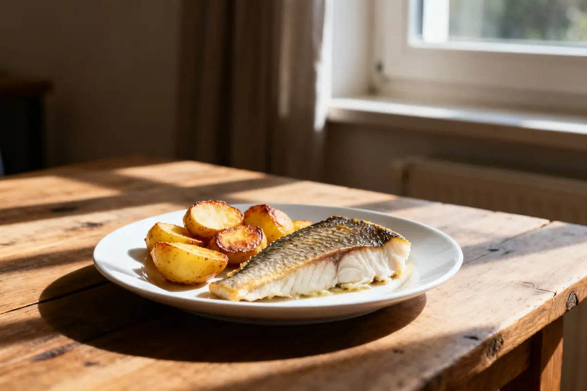 Assiette de dos de cabillaud au four et pommes de terre sur table en bois