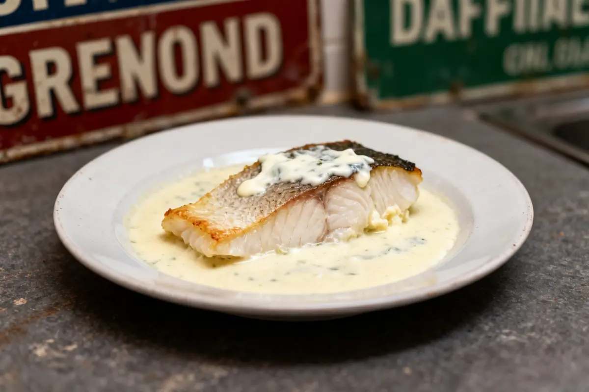 Plat de dos de cabillaud au four vin blanc et crème fraîche sur assiette blanche