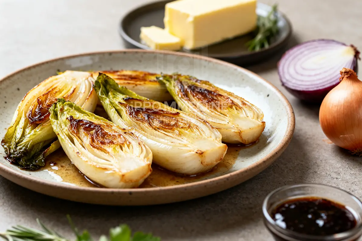 Assiettes d'endives braisées au four avec beurre, oignons et sauce sur la table