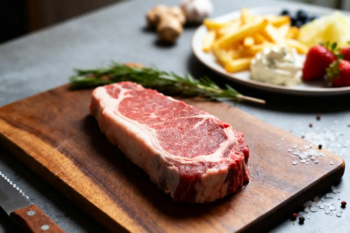 Tranche de viande avec fraise de veau, frites et fraises sur planche en bois