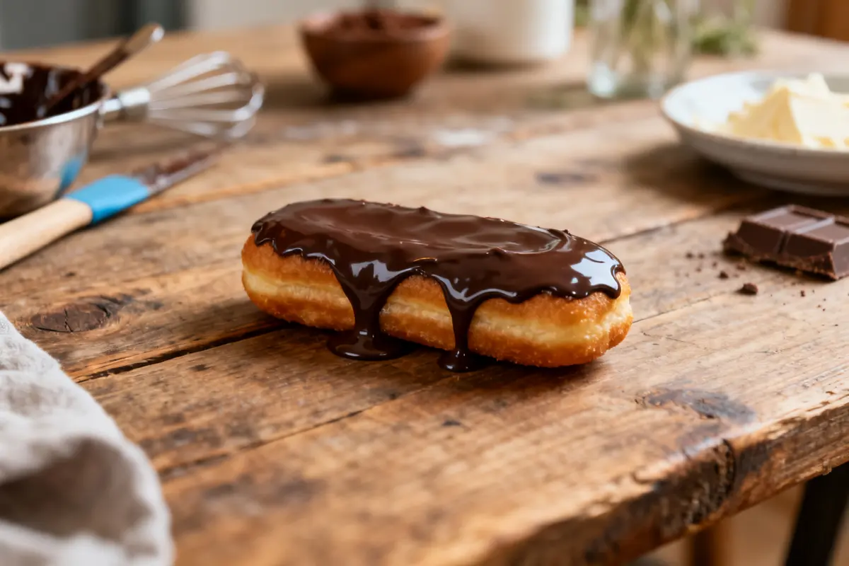 Beignet recouvert de friture au chocolat sur une table en bois rustique.
