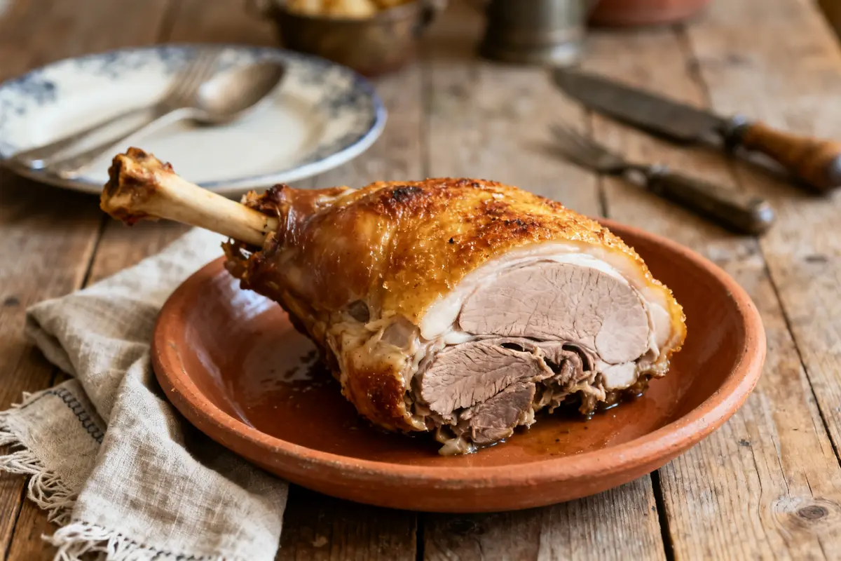 Gigot de 7 heures doré sur plat en terre cuite sur table rustique