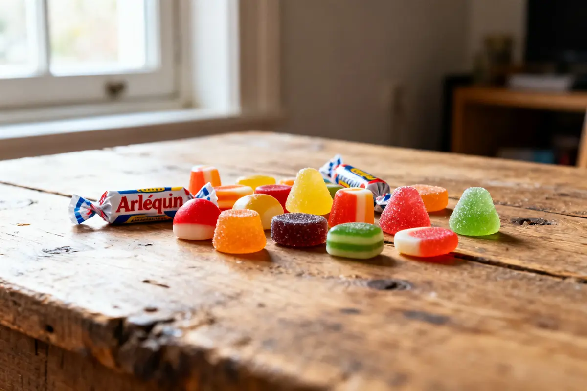 Assortiment coloré de bonbons Arlequin sur table en bois illustrant l'histoire du bonbon Arlequin
