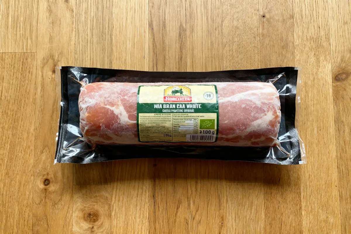 Paquet de jambon blanc congelé sur plancher en bois avec étiquette verte visible