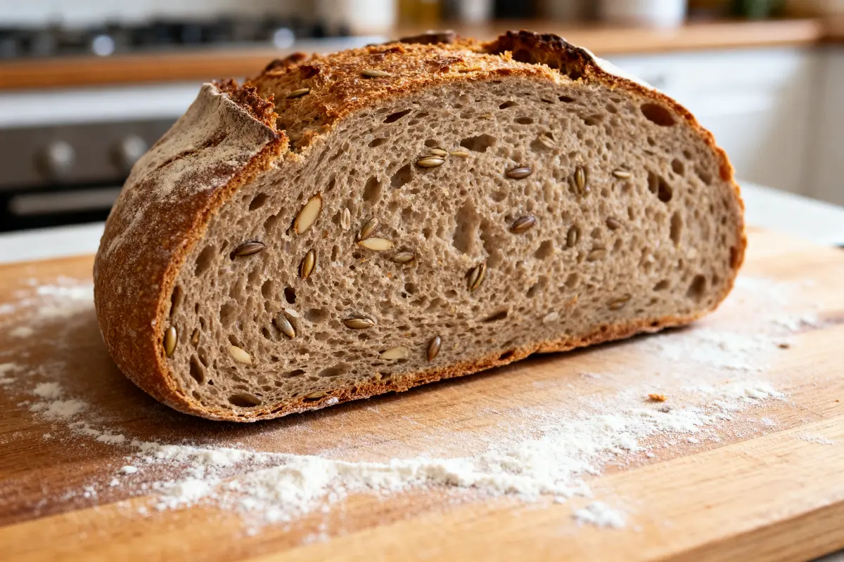 Tranche de pain nordique aux graines sur une planche en bois dans la cuisine