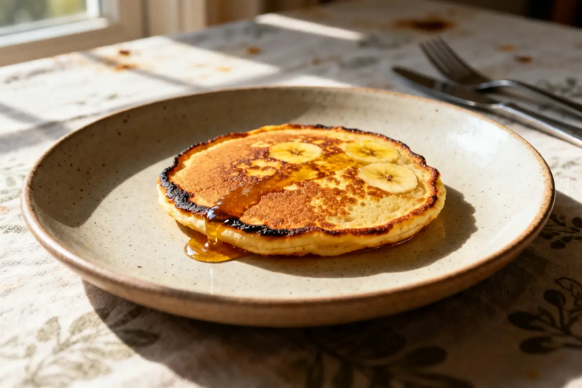 Pancake banane doré avec sirop d'érable sur assiette beige en gros plan