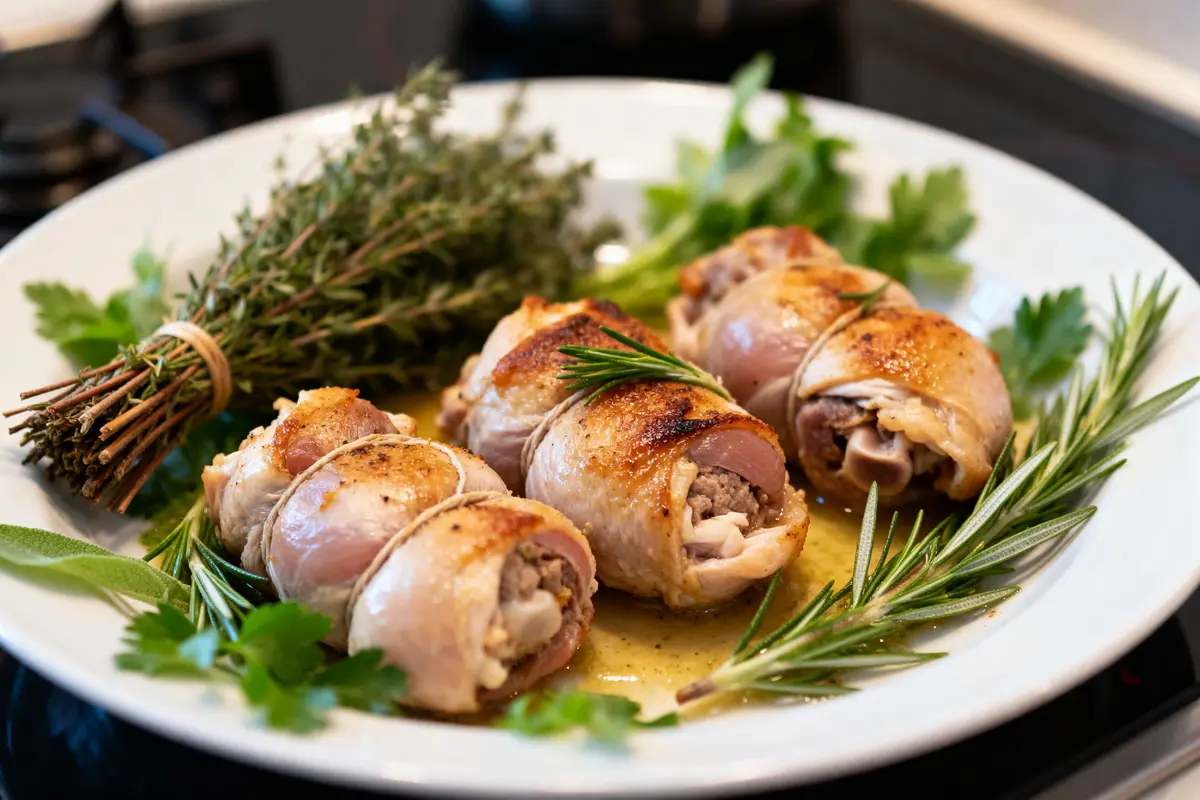 Paupiettes de dindonneau cuisinées avec herbes fraîches et garniture savoureuse sur assiette blanche