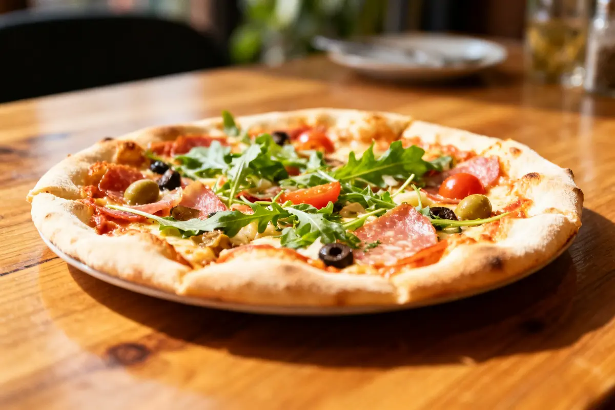 Pinsa garnie de roquette, salami, olives et tomates sur une table en bois