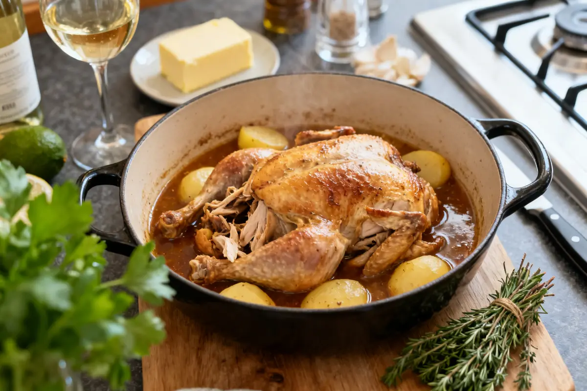 Poularde en cocotte façon grand-mère avec pommes de terre et bouillon aromatique aux herbes