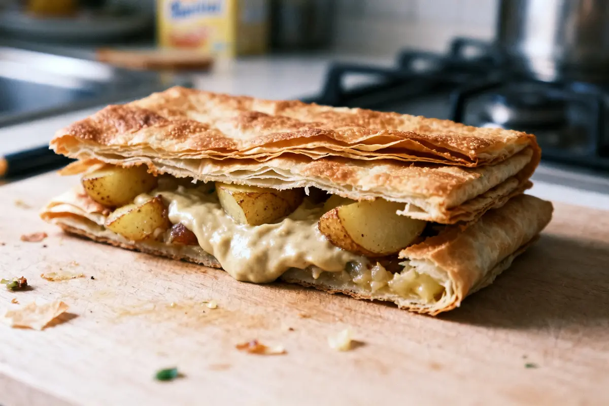 Brick feuilletée garnie de viande hachée, pommes de terre et Vache qui rit savoureuse