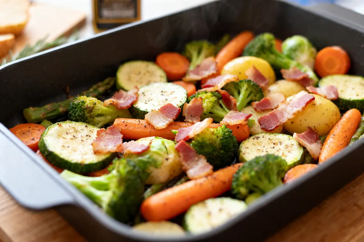 Plat de jardinière de légumes avec bacon et pommes de terre recette de la jardinière de légumes