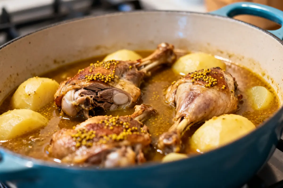 Cuisses de lapin mijotant avec pommes de terre pour recette de lapin cocotte façon grand-mère