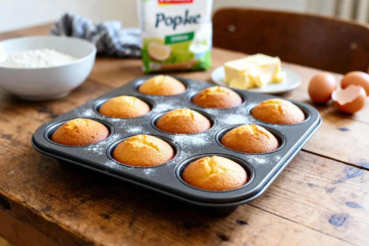 Plateau de muffins dorés avec ingrédients pour recette de pop cake sur table en bois