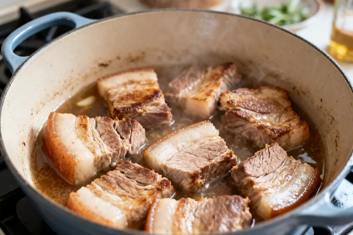 Cuisson du sauté de porc dans une cocotte avec morceaux de viande dorés.