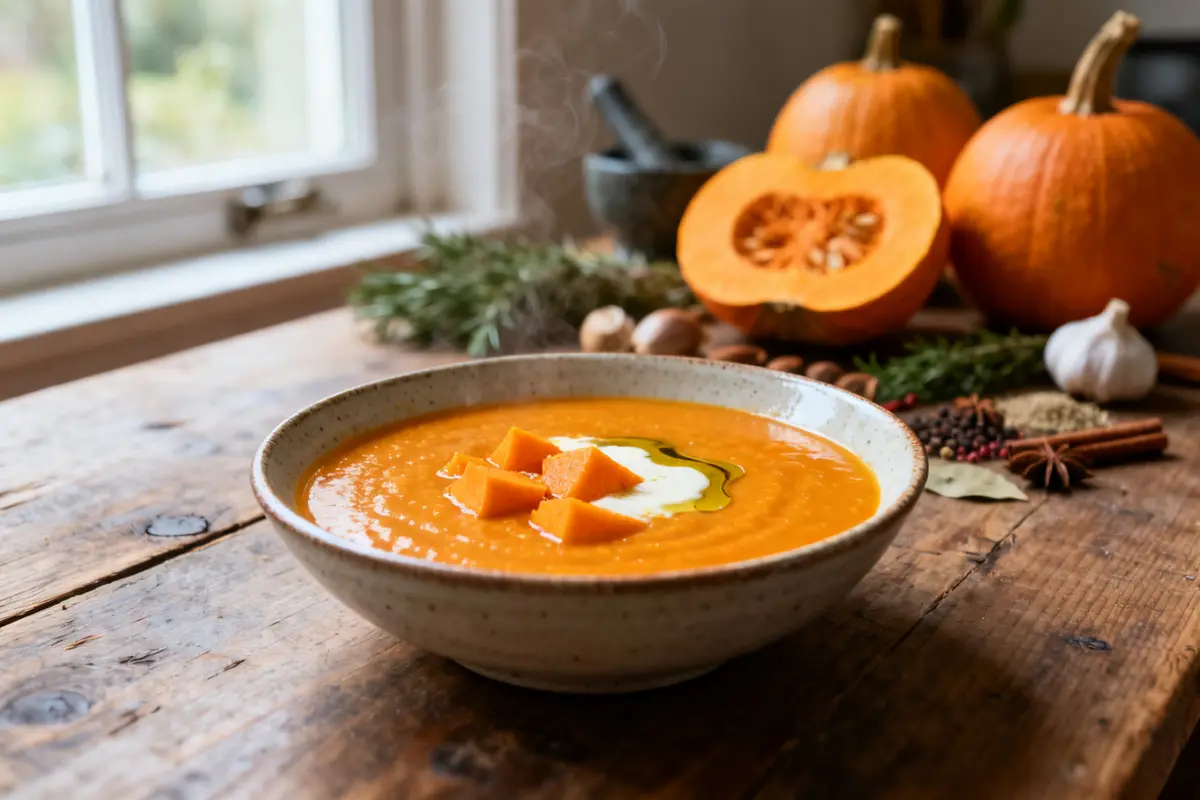 Bol de soupe de potimarron crémeuse avec herbes sur table en bois rustique