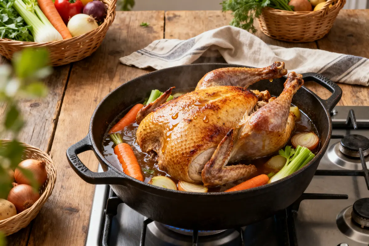 Pintade de 1,5 kg en cocotte mijotant avec légumes, temps de cuisson idéal en cocotte.