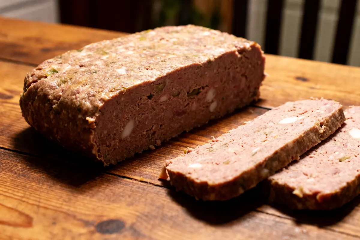 Tranche de terrine de sanglier de ma grand-mère sur une planche en bois rustique