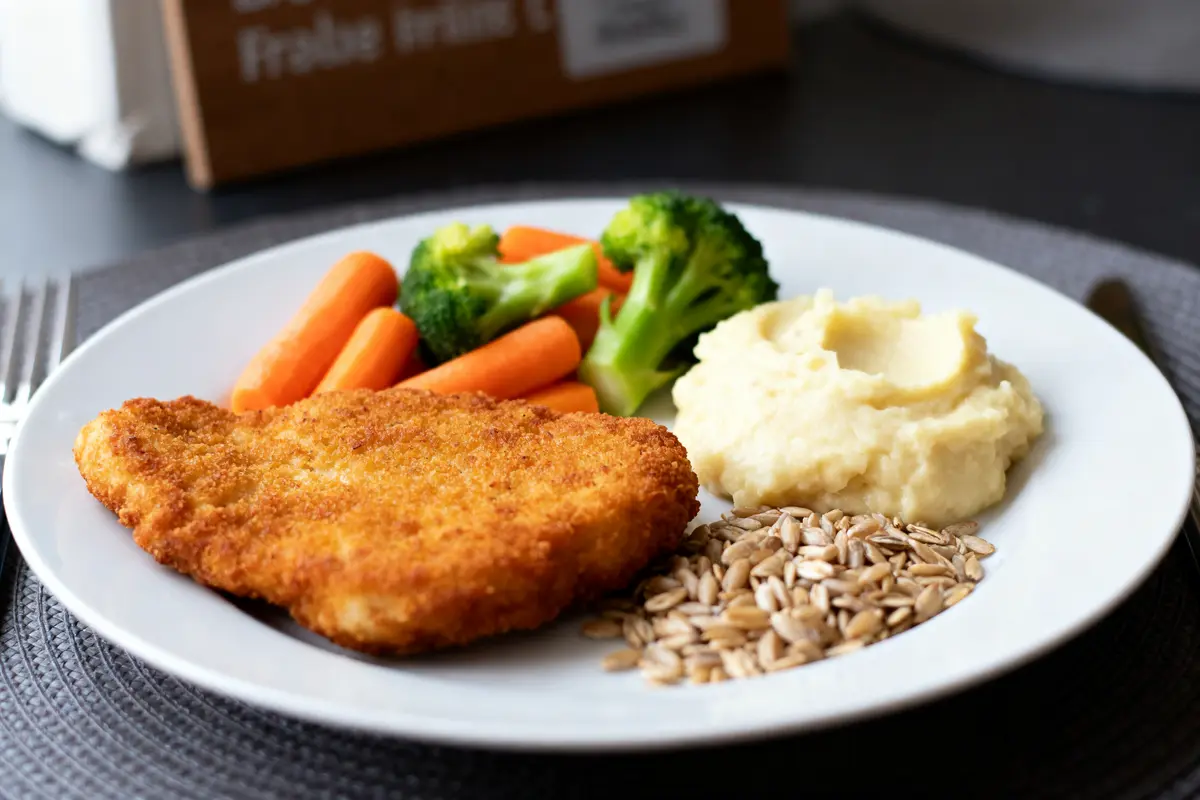 Assiette de cordon bleu avec légumes, purée et graines, idéal en accompagnement du cordon bleu