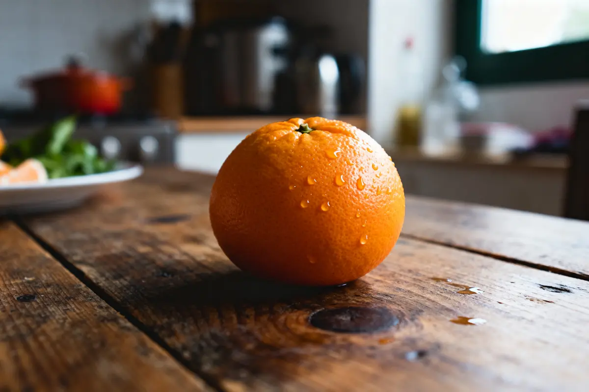 Clémentine fraîche sur table bois accentuant la calorie d'une clémentine dans un intérieur lumineux