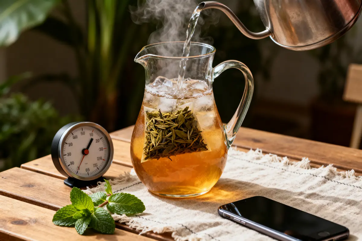 Thé glacé en préparation avec infusion et eau chaude versée sur glaçons et feuilles de thé