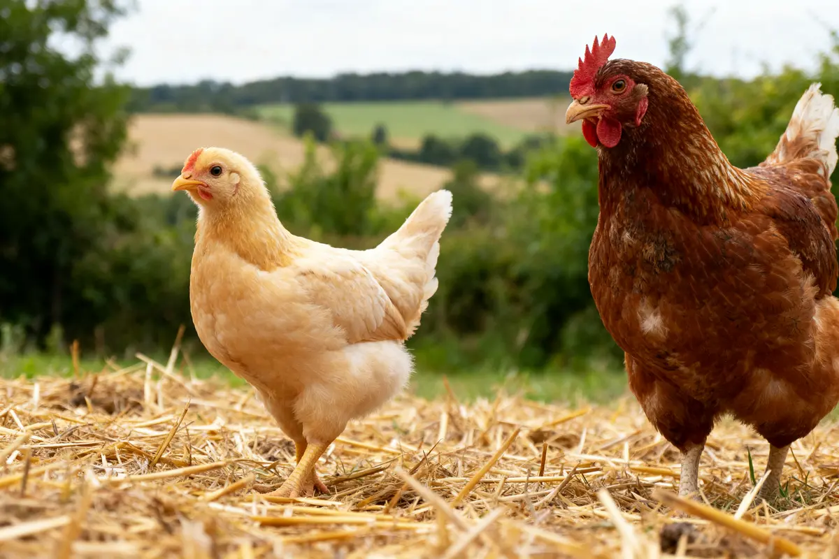 Poule et poulet dans un champ illustrant la différence entre poule et poulet