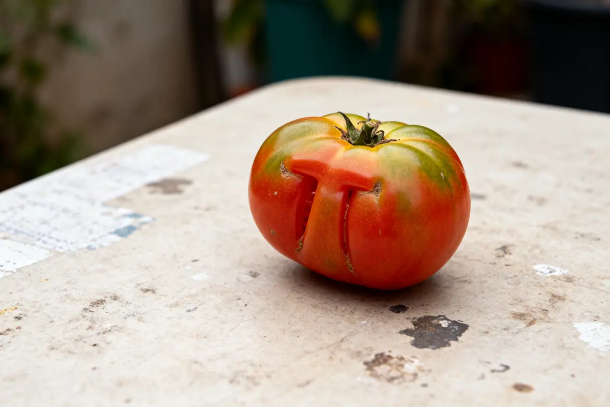 Tomate mûre avec entaille en forme de T, symbolisant le fruit en T