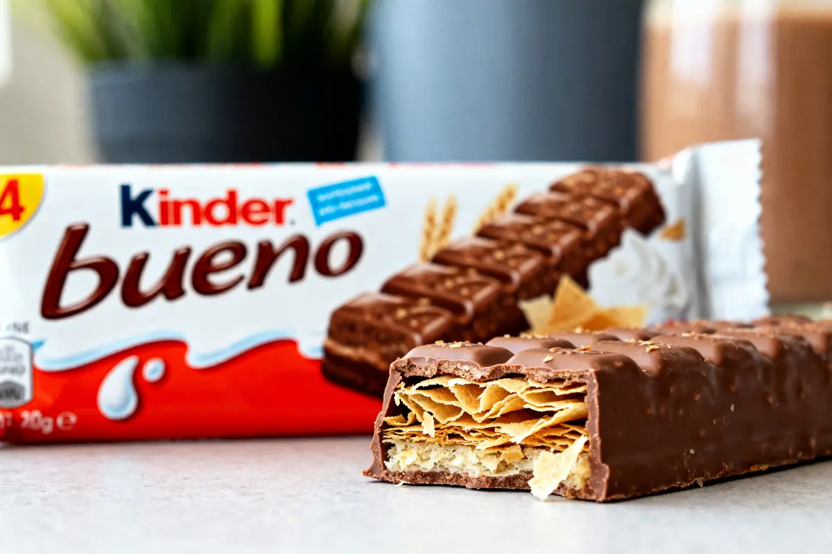 Barre chocolatée avec gaufrette, inspirée du Kinder Bueno maison, devant son emballage.