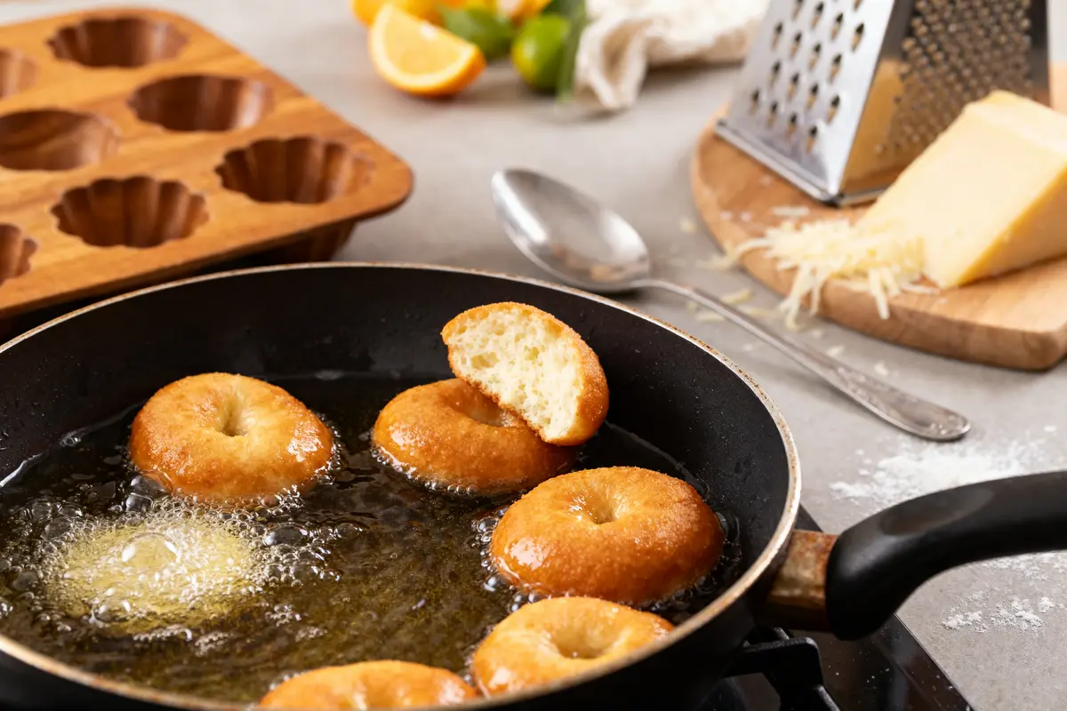 Beignets frits dans une poêle pour recette de bottereaux maison en cuisine artisanale