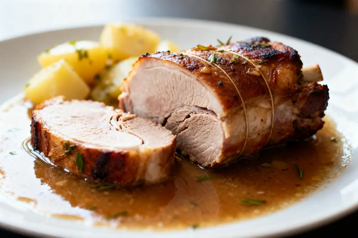 Rouelle de porc moelleuse nappée de sauce avec pommes de terre fondantes sur assiette blanche